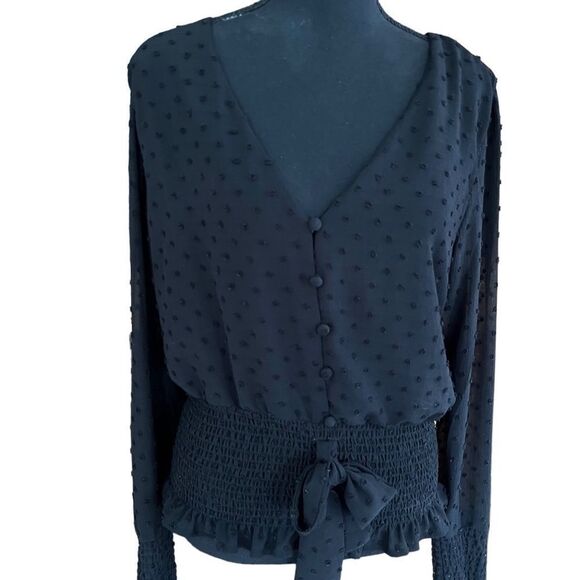 Q&A black Swiss Dot Smocked Blouse, size L - Picture 3 of 7